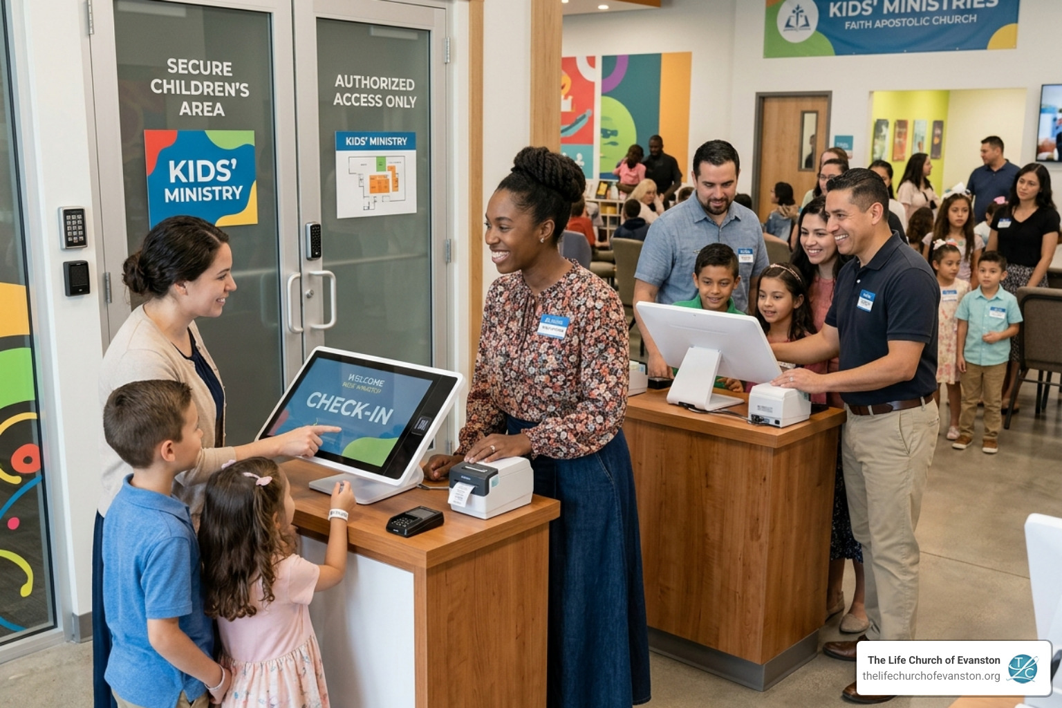 secure check-in station for children's ministry with digital kiosks and friendly Apostolic volunteers - safe kids church secure check-in station for children's ministry with digital kiosks and friendly Apostolic volunteers - safe kids church
