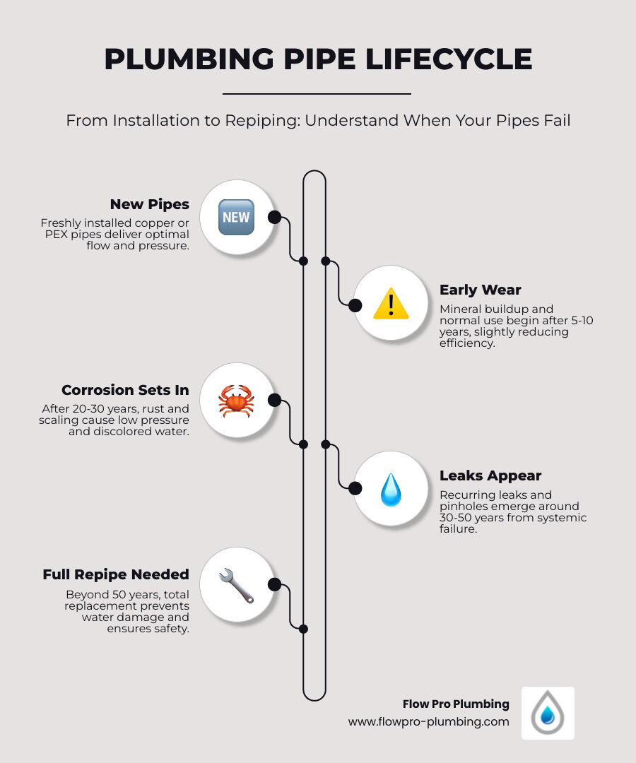 Infographic showing residential plumbing pipe lifecycle, warning signs, and when to repipe - what is repiping and when do Infographic showing residential plumbing pipe lifecycle, warning signs, and when to repipe - what is repiping and when do