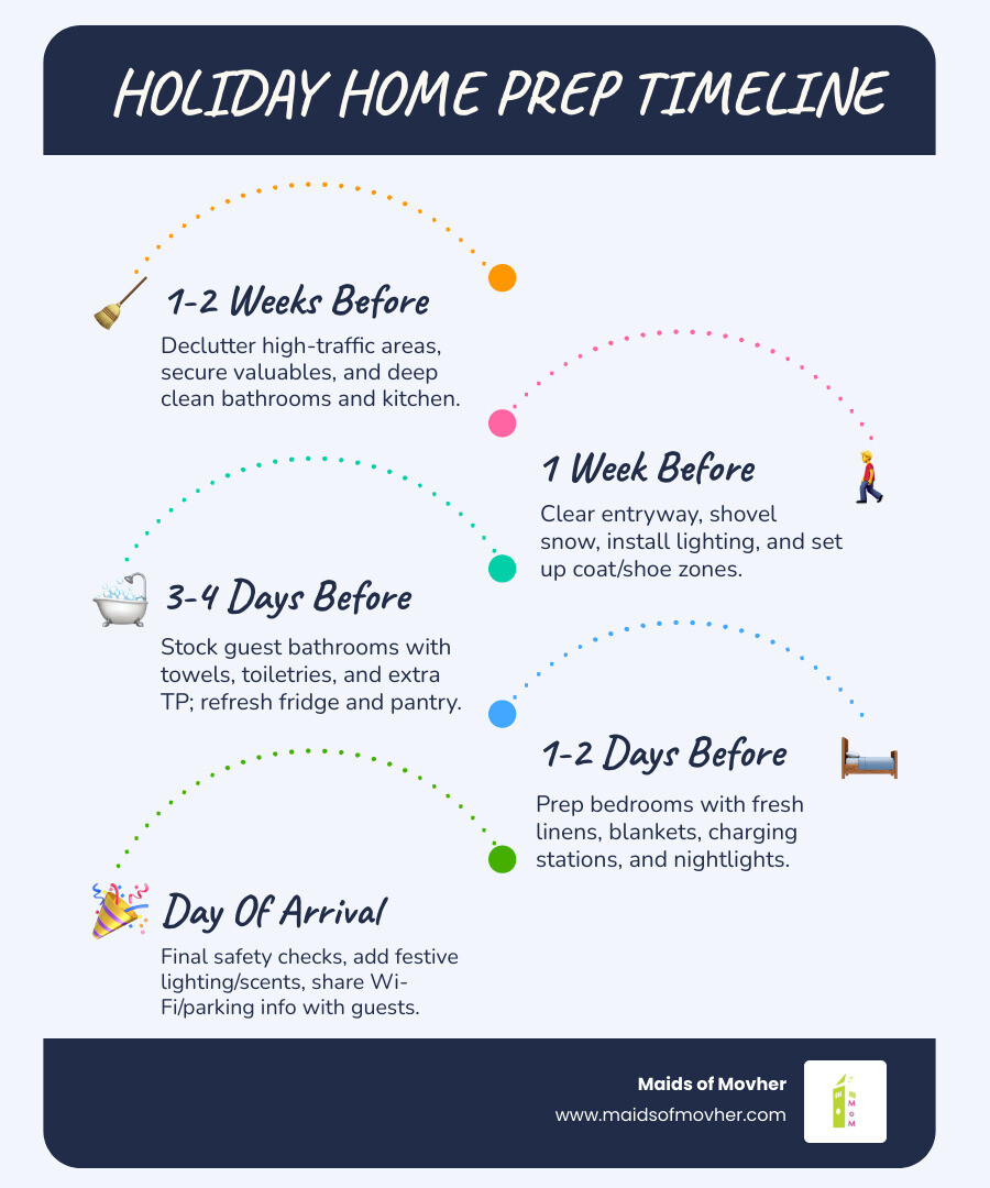 Holiday home preparation checklist infographic with room-by-room steps and timeline for hosting guests - getting your home Holiday home preparation checklist infographic with room-by-room steps and timeline for hosting guests - getting your home