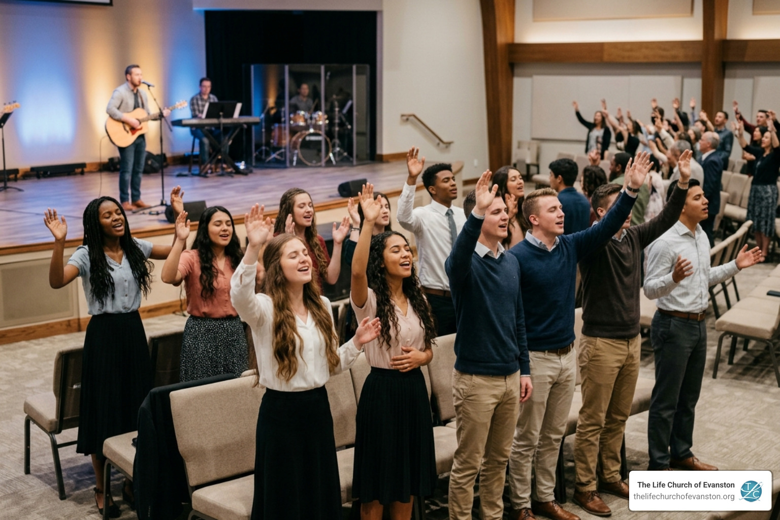 A group of diverse, clean-cut young people in a modern church setting, joyfully raising their hands in worship during a