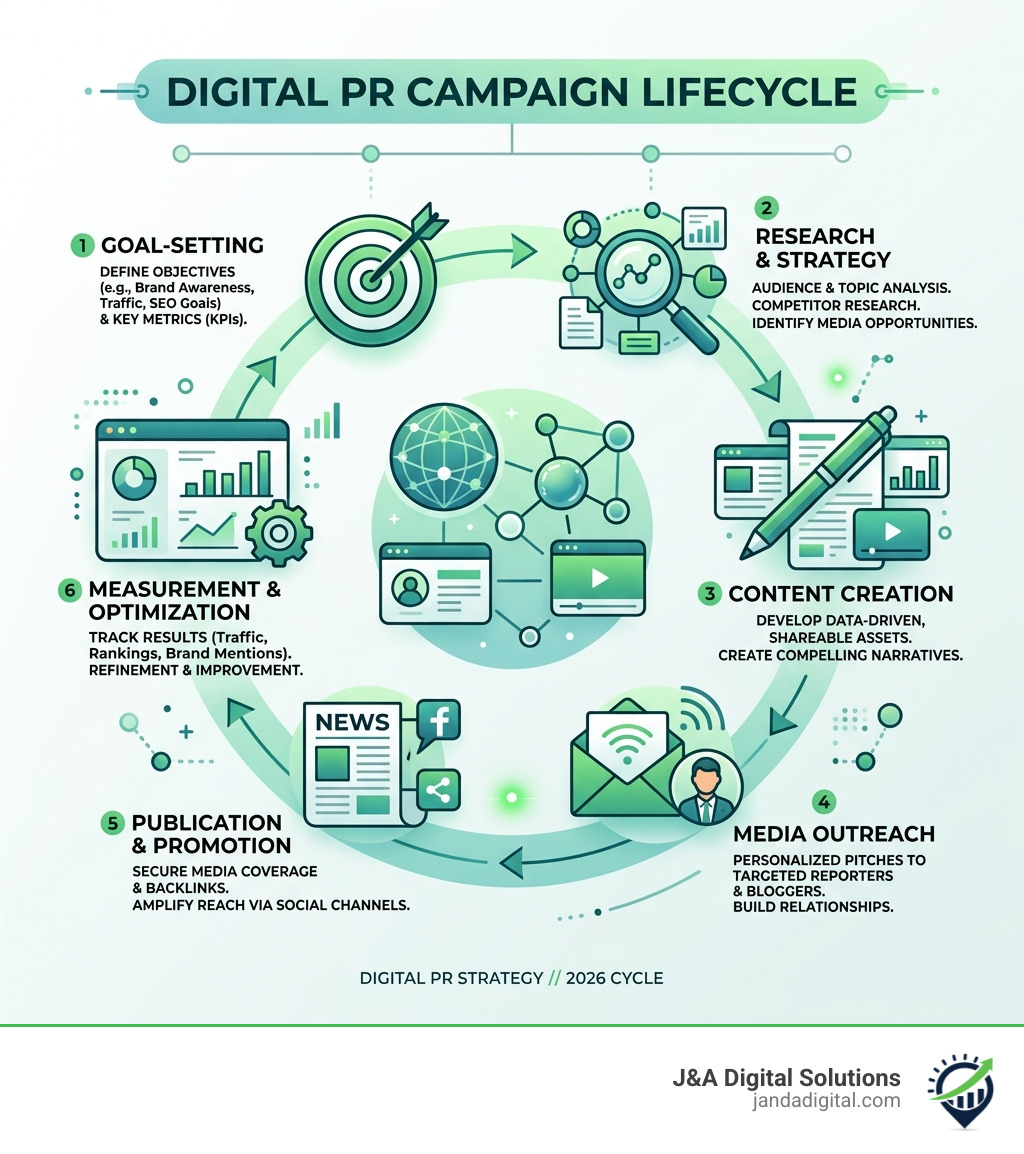 Digital PR campaign lifecycle infographic showing steps from goal-setting to media outreach to measurement - Digital PR Digital PR campaign lifecycle infographic showing steps from goal-setting to media outreach to measurement - Digital PR