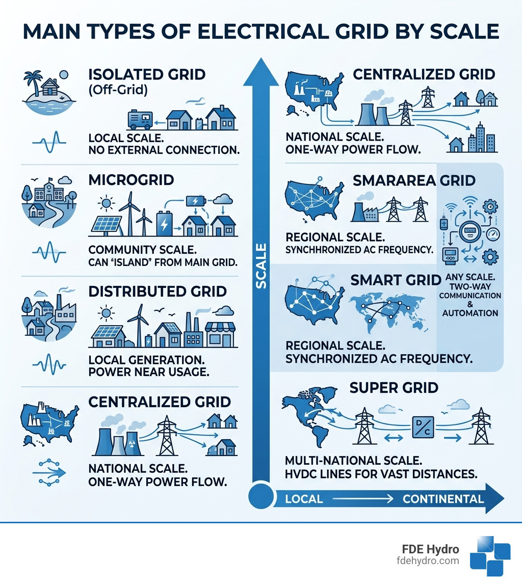 Infographic showing the main types of electrical grid by scale, from microgrids to super grids, with key characteristics