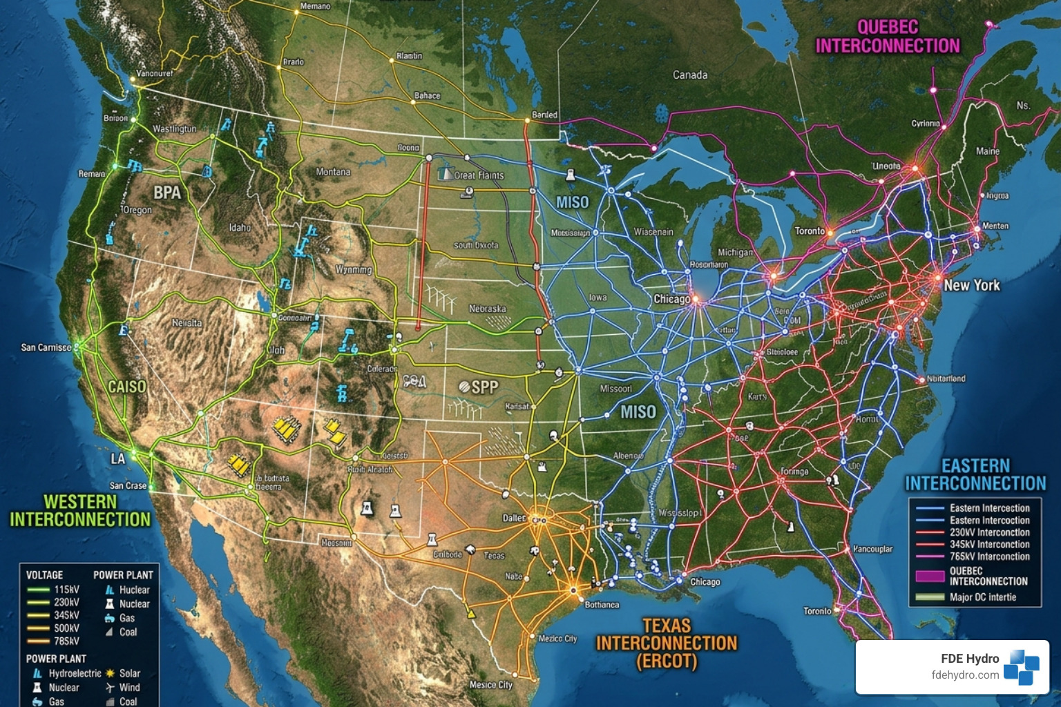 Map of a wide area synchronous grid showing interconnected transmission lines across a continent - types of electrical grid