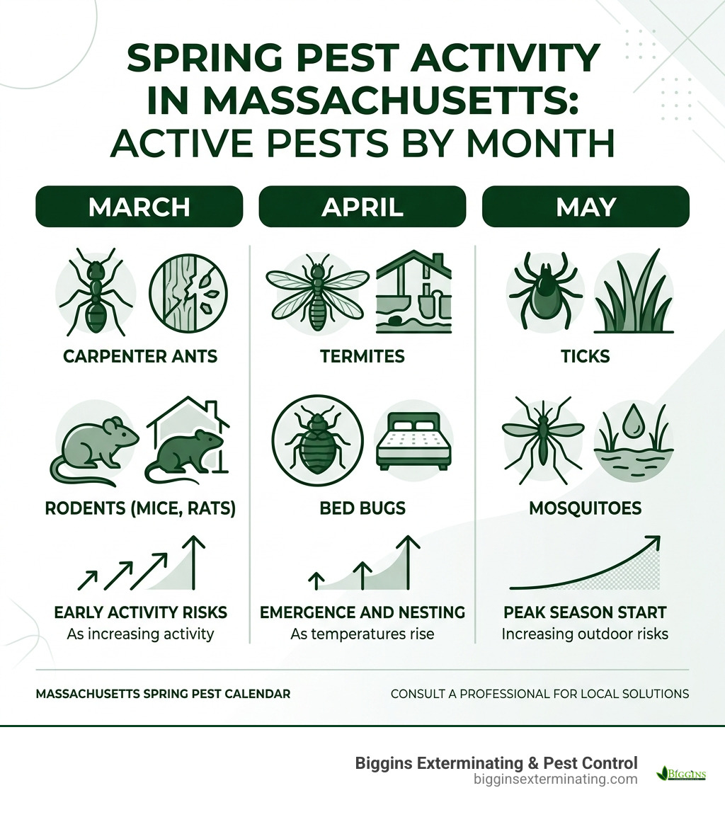 Spring pest activity in Massachusetts infographic showing active pests by month - Exterminator Framingham MA infographic 