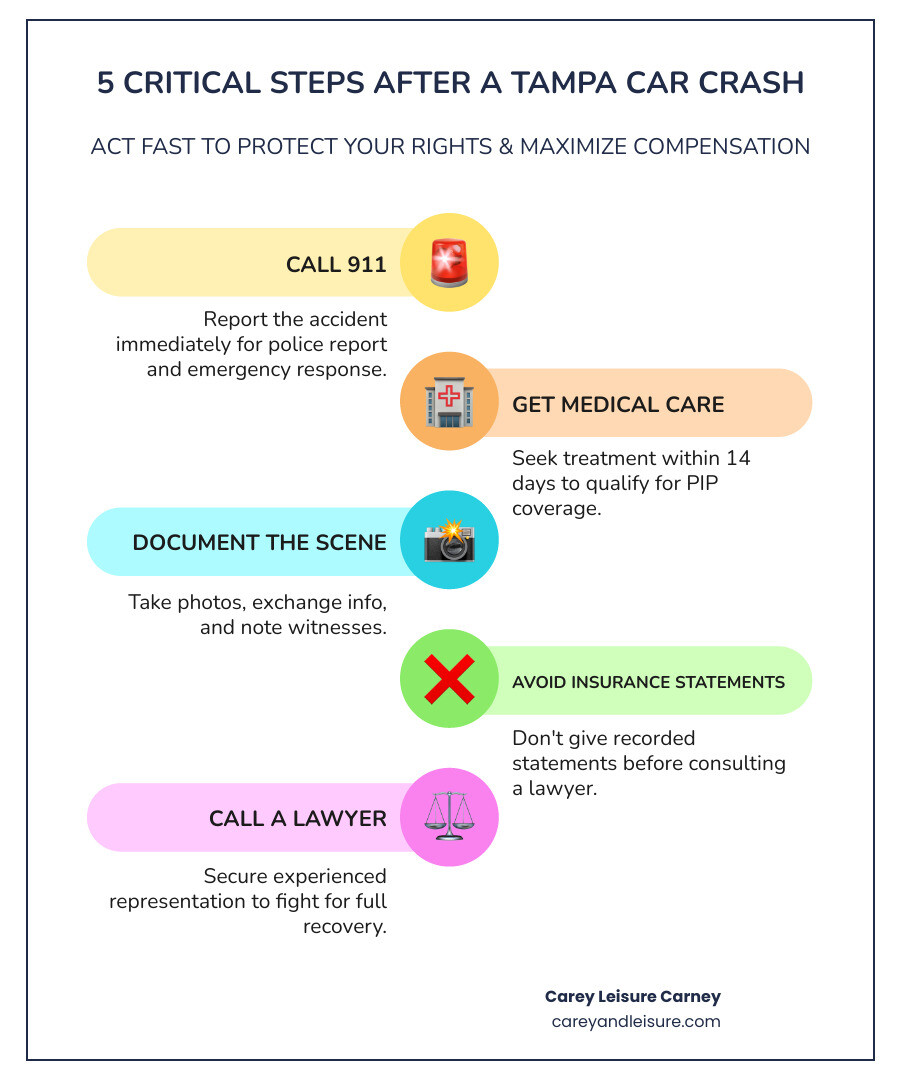 5 steps to take after a Tampa car crash: call 911, get medical care, document scene, avoid insurance statements, call a 5 steps to take after a Tampa car crash: call 911, get medical care, document scene, avoid insurance statements, call a