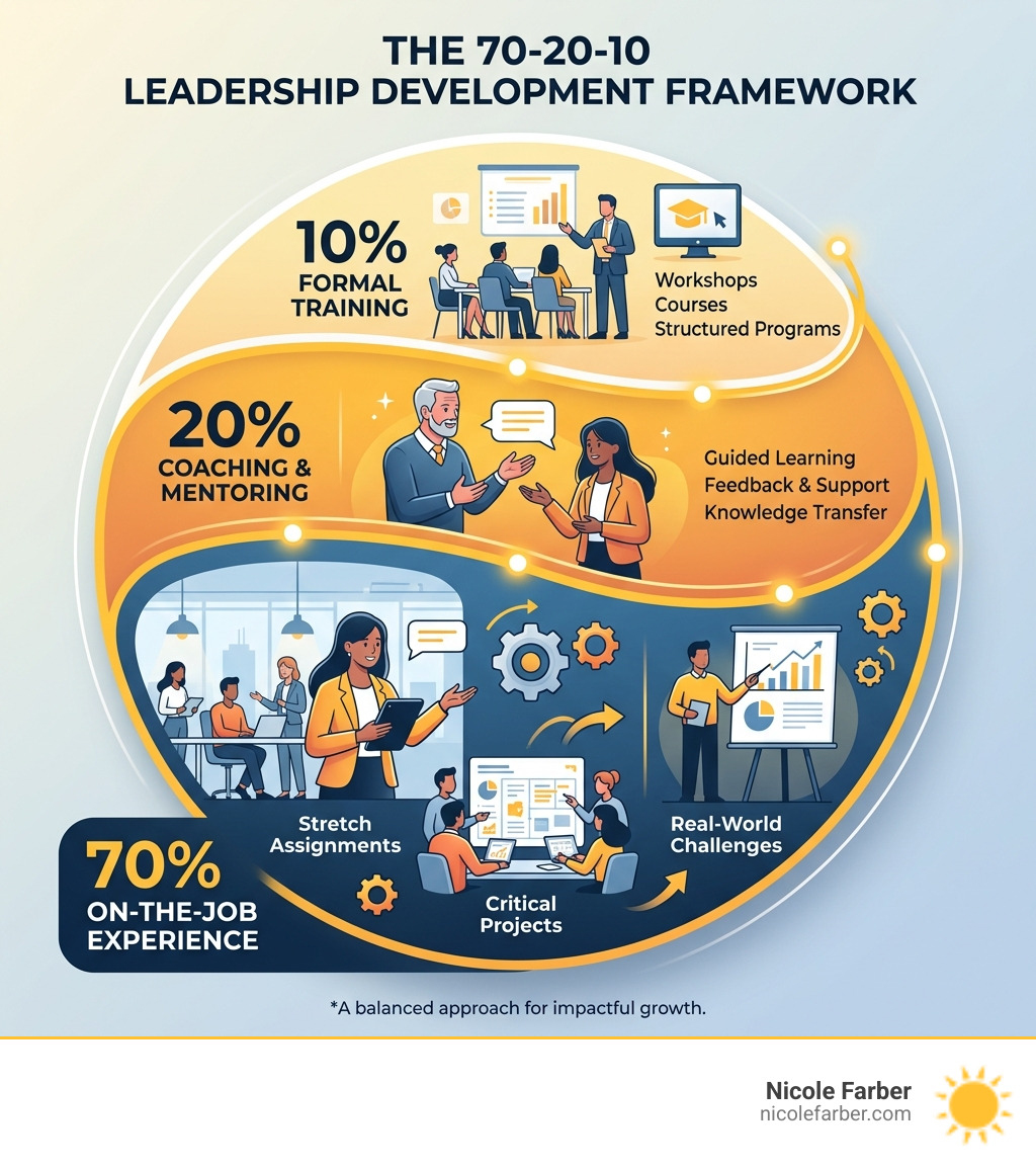Infographic showing the 70-20-10 leadership development framework: 10% formal training, 20% coaching and mentoring, 70%