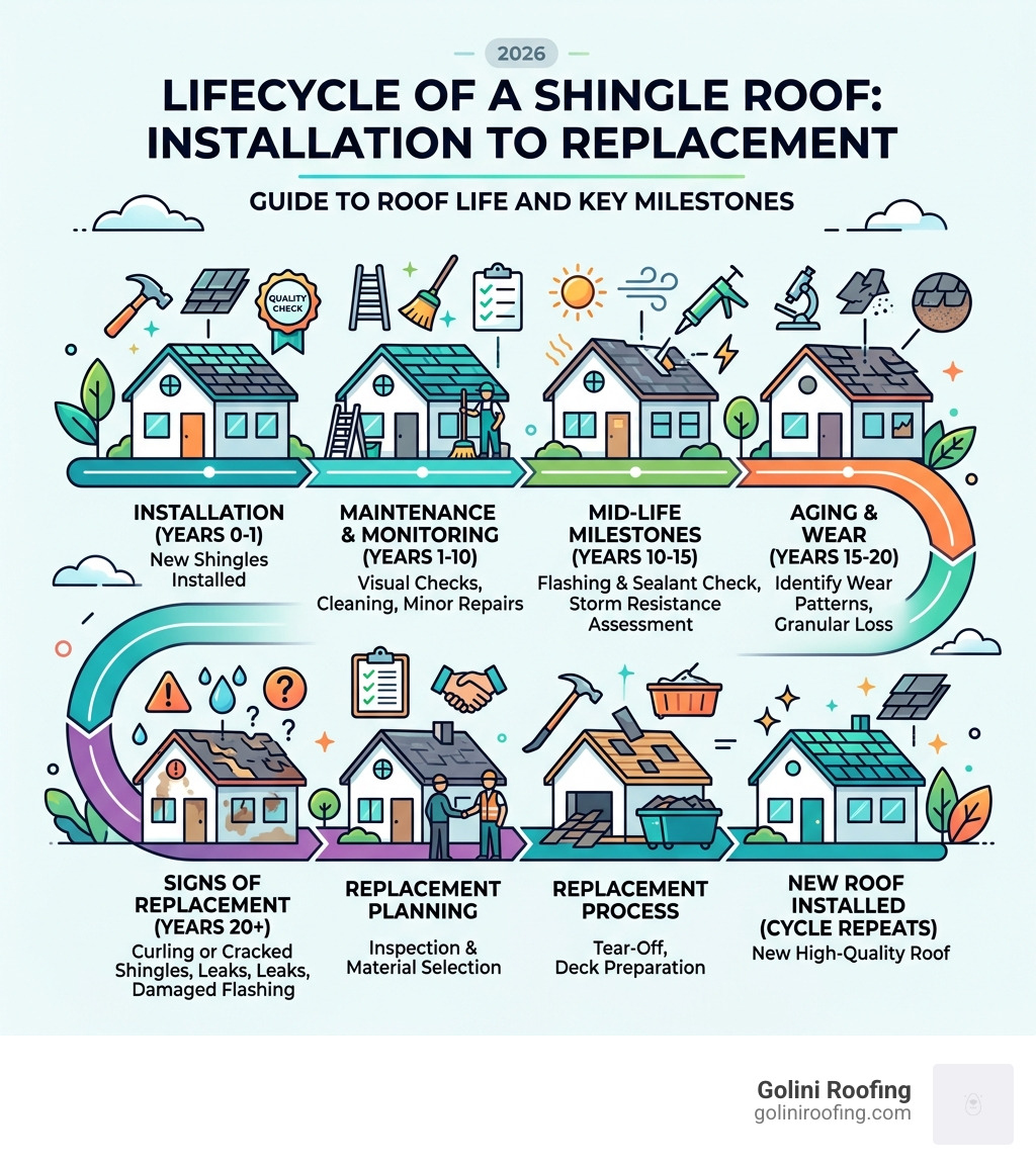 Infographic showing the lifecycle of a shingle roof from installation to replacement, with key milestones - replacing roof Infographic showing the lifecycle of a shingle roof from installation to replacement, with key milestones - replacing roof