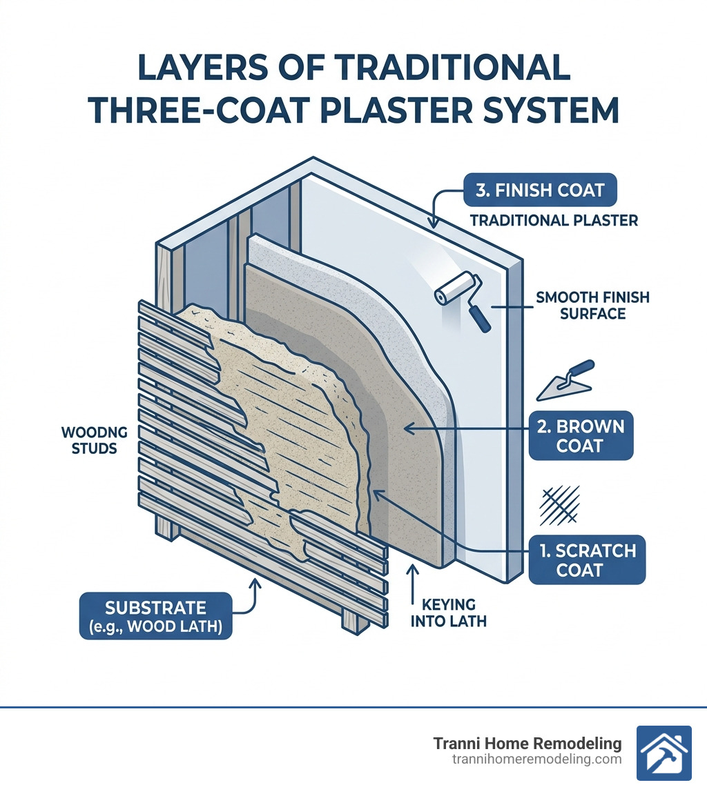 Layers of traditional three-coat plaster system infographic - Historic plaster repair infographic 