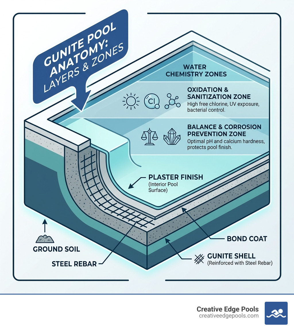 Diagram showing layers of a gunite pool shell, bond coat, plaster finish, and water chemistry zones - gunite swimming pool