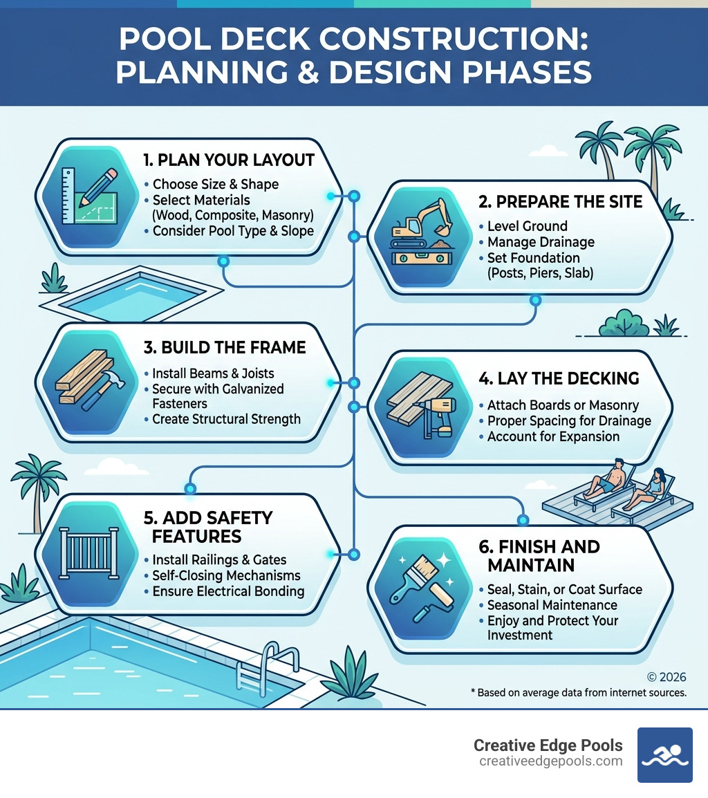 Pool deck construction planning and design phases infographic - pool deck construction infographic 
