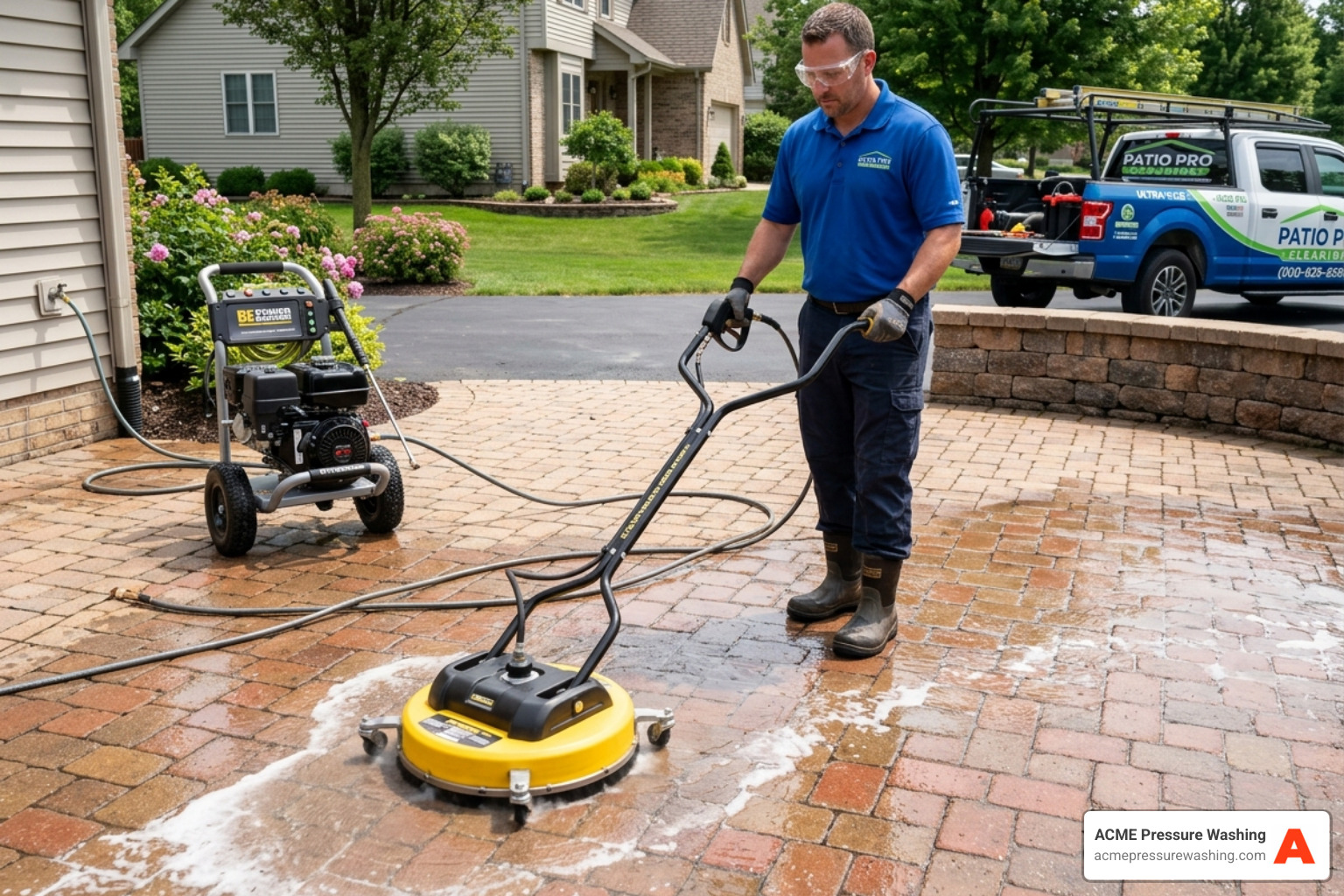 Technician using a professional surface cleaner on a paver patio - paver patio pressure wash