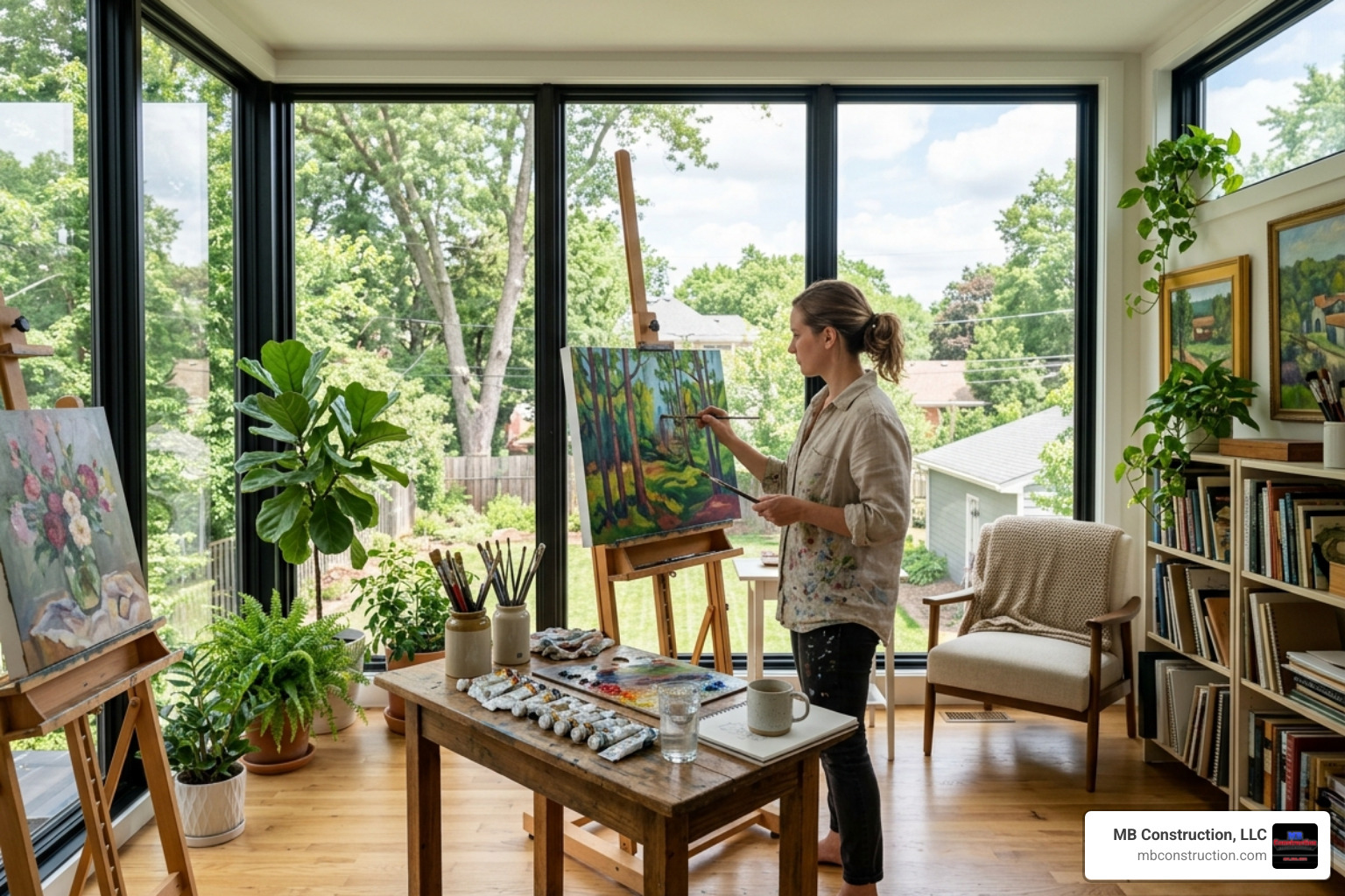 Artist studio sunroom with large windows and natural light - 2nd story sunroom