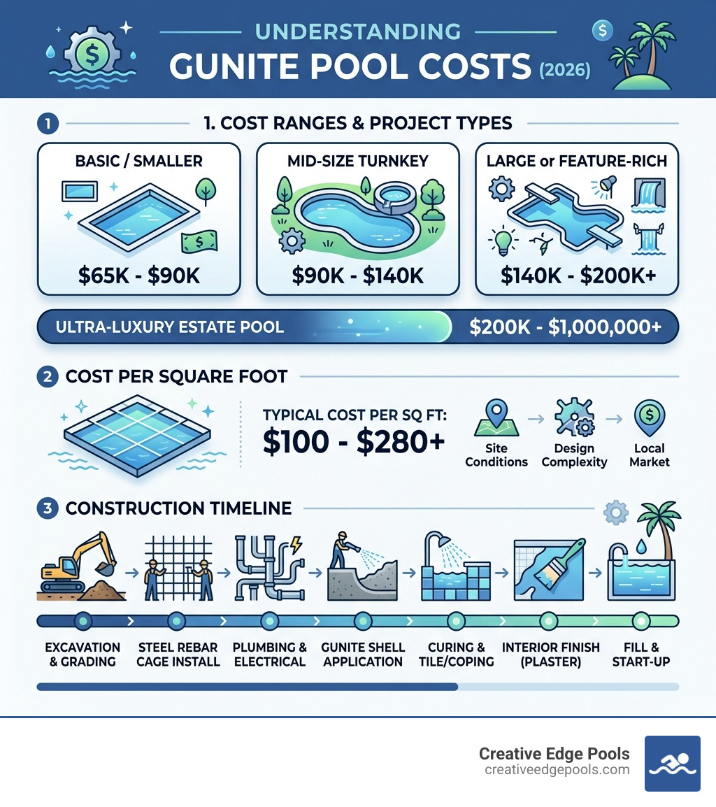 Gunite pool cost breakdown infographic showing cost ranges, cost per sq ft, and construction timeline from excavation to Gunite pool cost breakdown infographic showing cost ranges, cost per sq ft, and construction timeline from excavation to