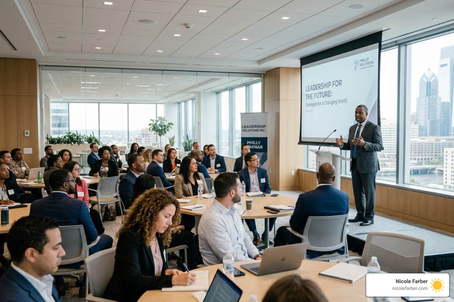 A leadership seminar taking place in a modern Philadelphia office space - leadership training topics