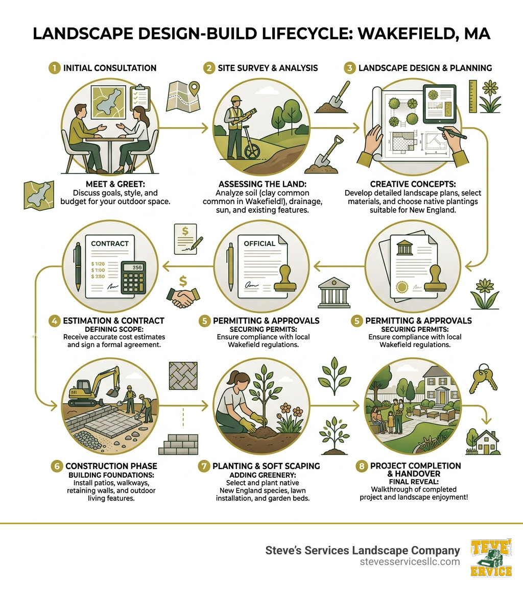 Landscape design-build lifecycle infographic from consultation to completion in Wakefield MA - Landscape design Wakefield MA