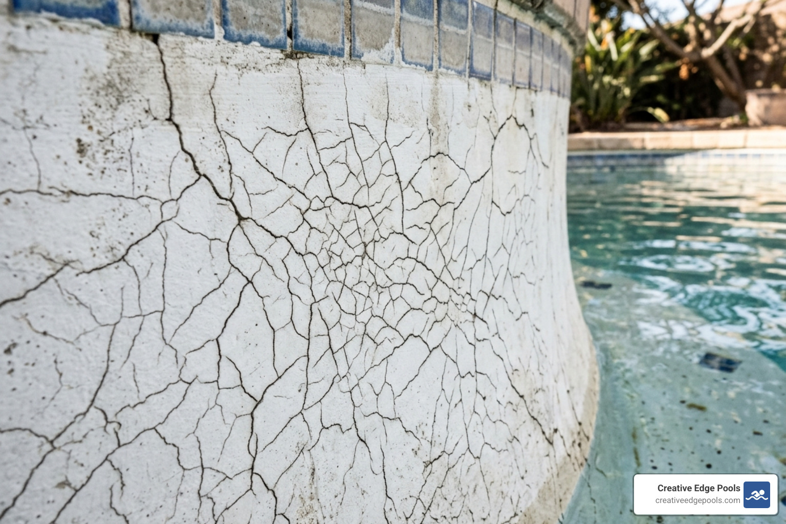 close-up on pool surface spider cracks - gunite swimming pool repair