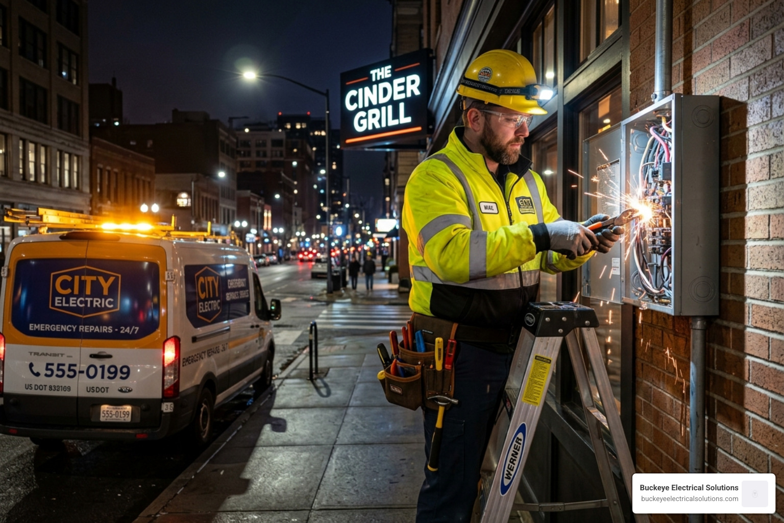technician performing emergency commercial electrical repairs at night - commercial electrician lorain county