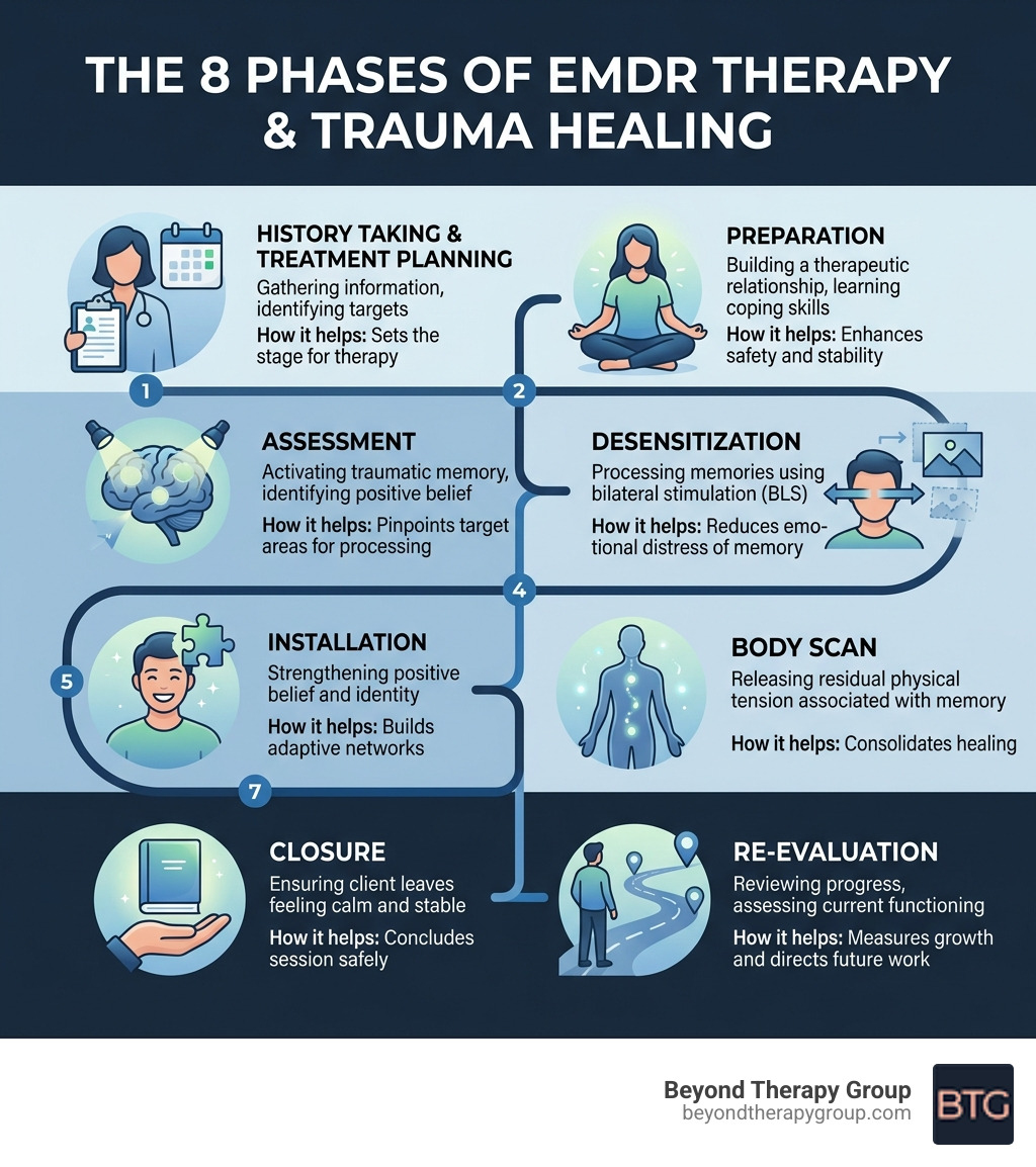 Infographic showing the 8 phases of EMDR therapy and how they support trauma healing - redondo beach emdr therapy Infographic showing the 8 phases of EMDR therapy and how they support trauma healing - redondo beach emdr therapy