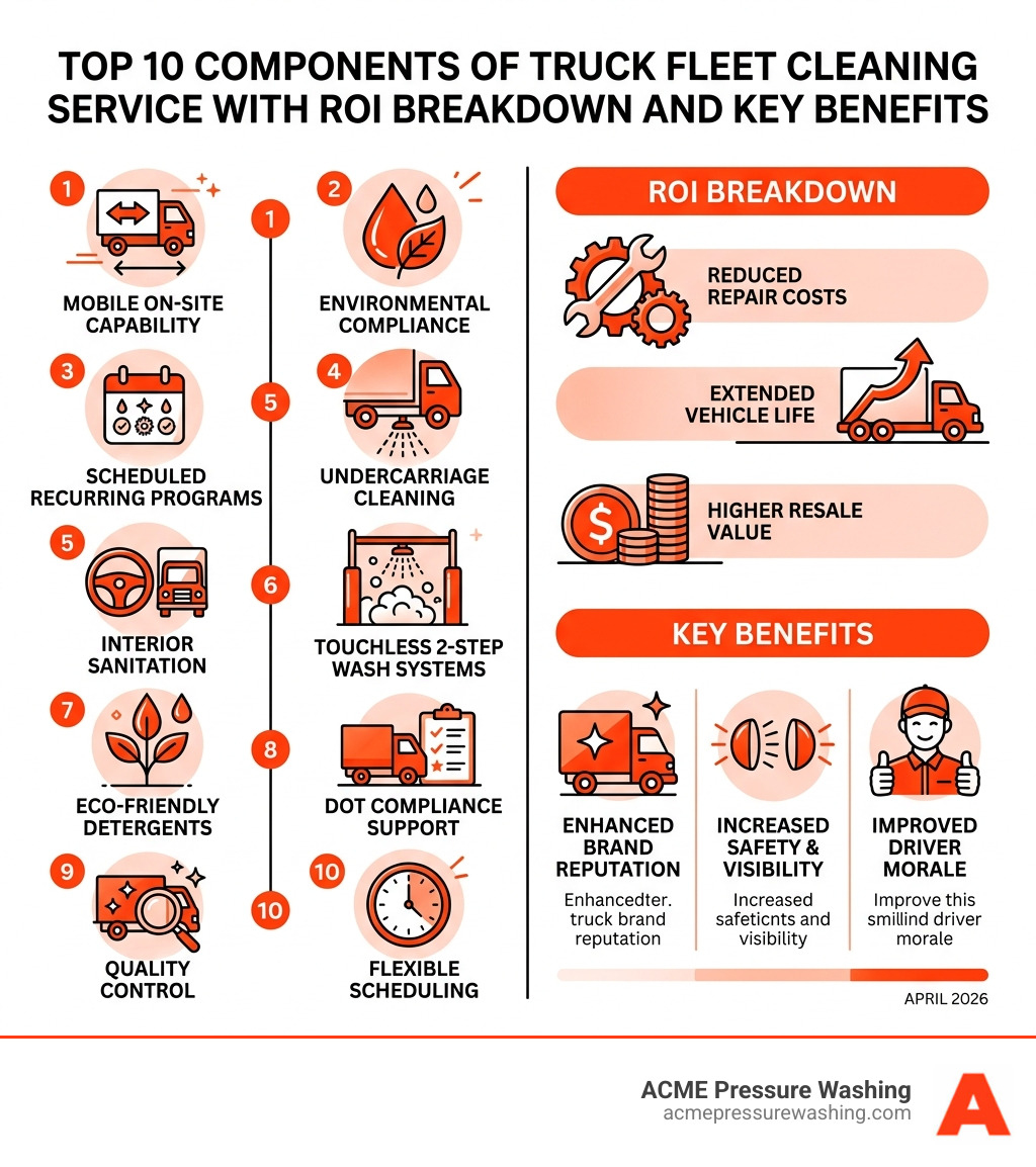 Top 10 components of truck fleet cleaning service with ROI breakdown and key benefits - truck fleet cleaning infographic 