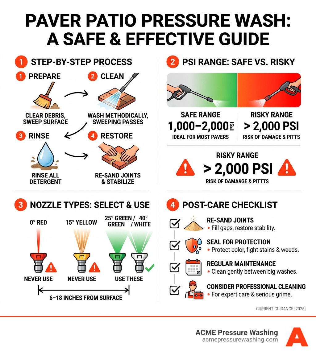 Infographic showing paver patio pressure wash steps, PSI ranges, nozzle types, and post-care checklist - paver patio