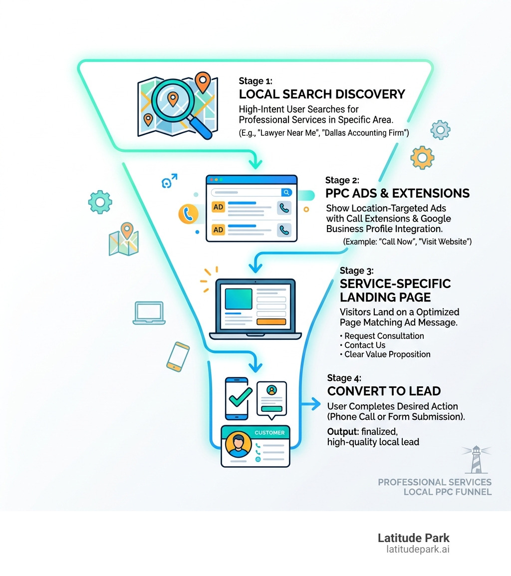 Local PPC funnel for professional services showing search to lead conversion steps - effective local ppc ad strategies for