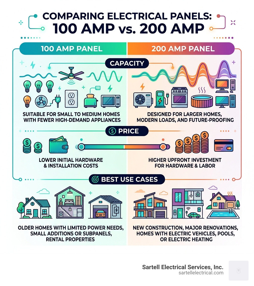 Infographic comparing 100 amp vs 200 amp panel capacity, price, and best use cases - 100 amp panel price infographic 