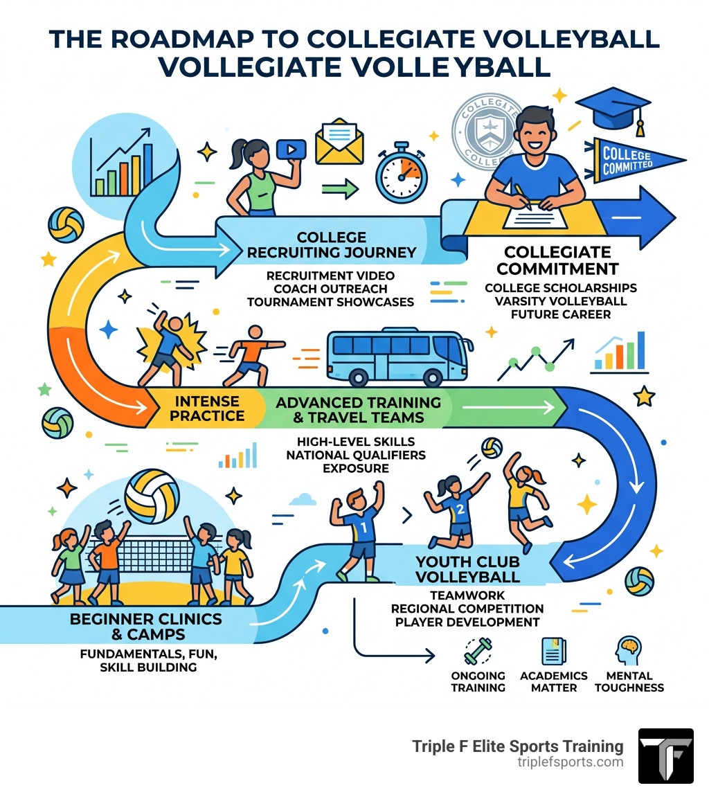 Roadmap from beginner volleyball clinics to collegiate recruitment infographic - Youth volleyball club infographic Roadmap from beginner volleyball clinics to collegiate recruitment infographic - Youth volleyball club infographic
