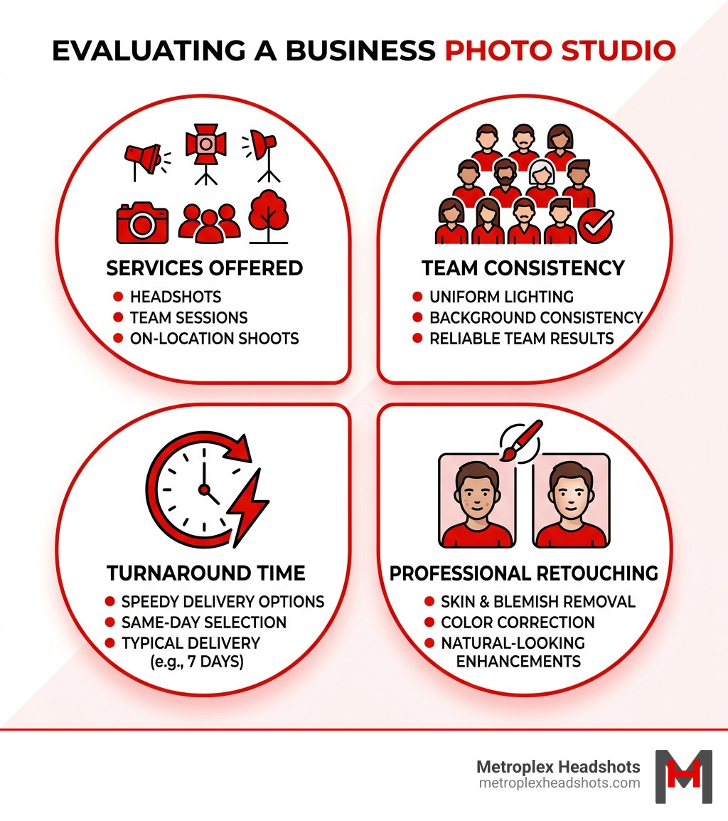Infographic showing key factors to evaluate when choosing a business photo studio, including services, turnaround
