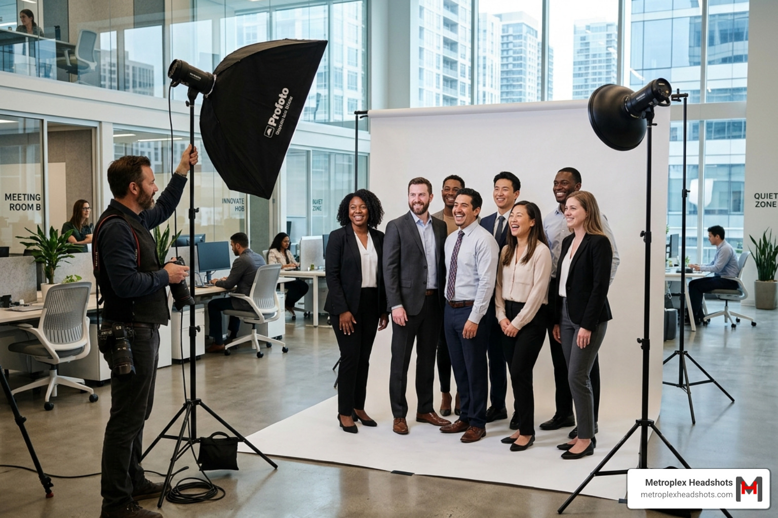 Corporate team having a professional photo session in a modern office environment - business photo studio