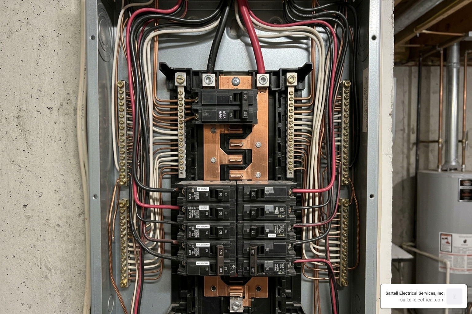 Internal components of a 100 amp panel showing copper bus bars and breakers - 100 amp panel price