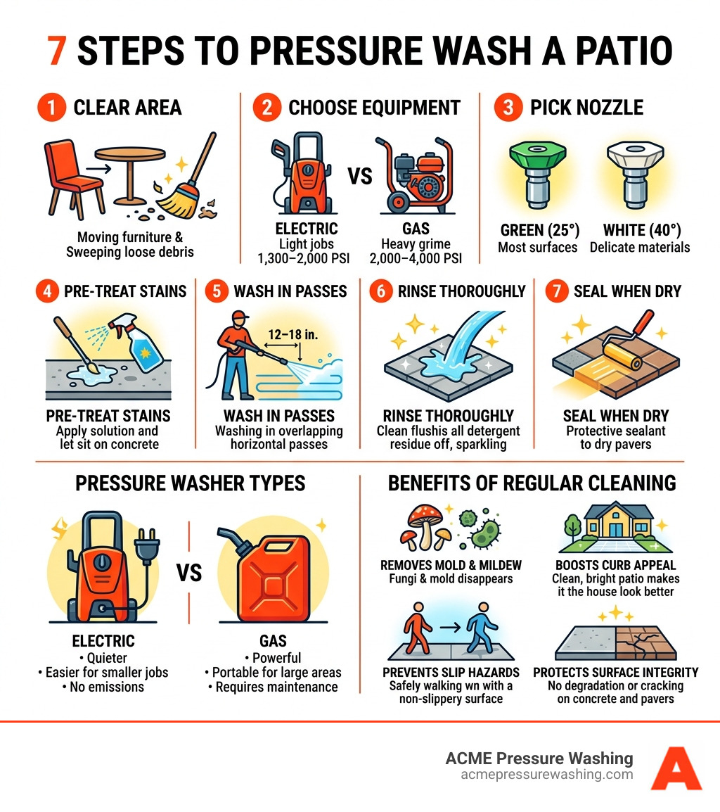 Infographic: 7 steps to pressure wash a patio, equipment types, and benefits of regular cleaning - pressure wash patio