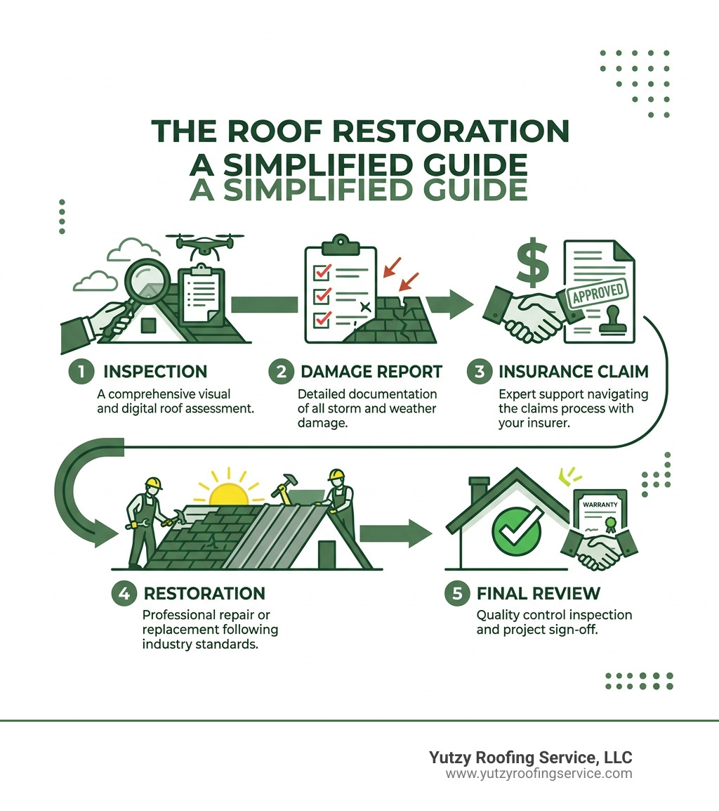 Infographic showing the roof restoration process steps: inspection, damage report, insurance claim, restoration, final Infographic showing the roof restoration process steps: inspection, damage report, insurance claim, restoration, final