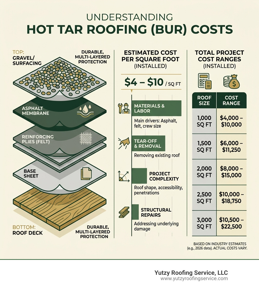 Infographic showing BUR system layers, cost per square foot, and total project cost ranges - hot tar roofing cost Infographic showing BUR system layers, cost per square foot, and total project cost ranges - hot tar roofing cost