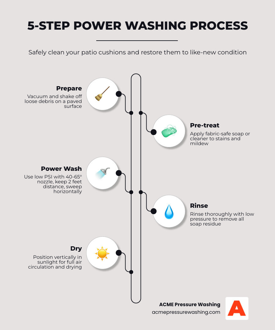 5-step power washing process for patio cushions - power washing patio cushions infographic