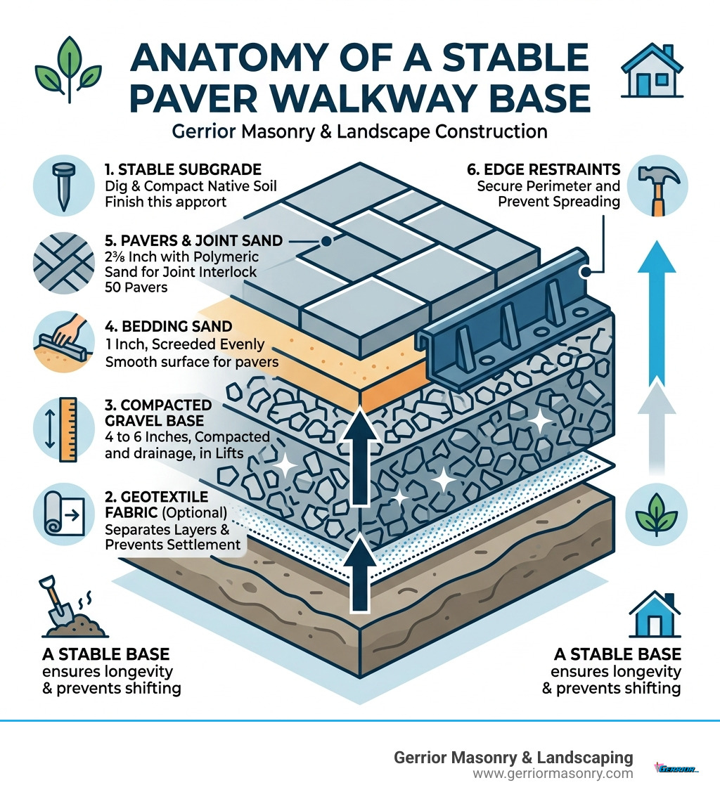 Infographic showing the layers of a stable paver walkway base from subgrade to pavers - putting in a paver walkway