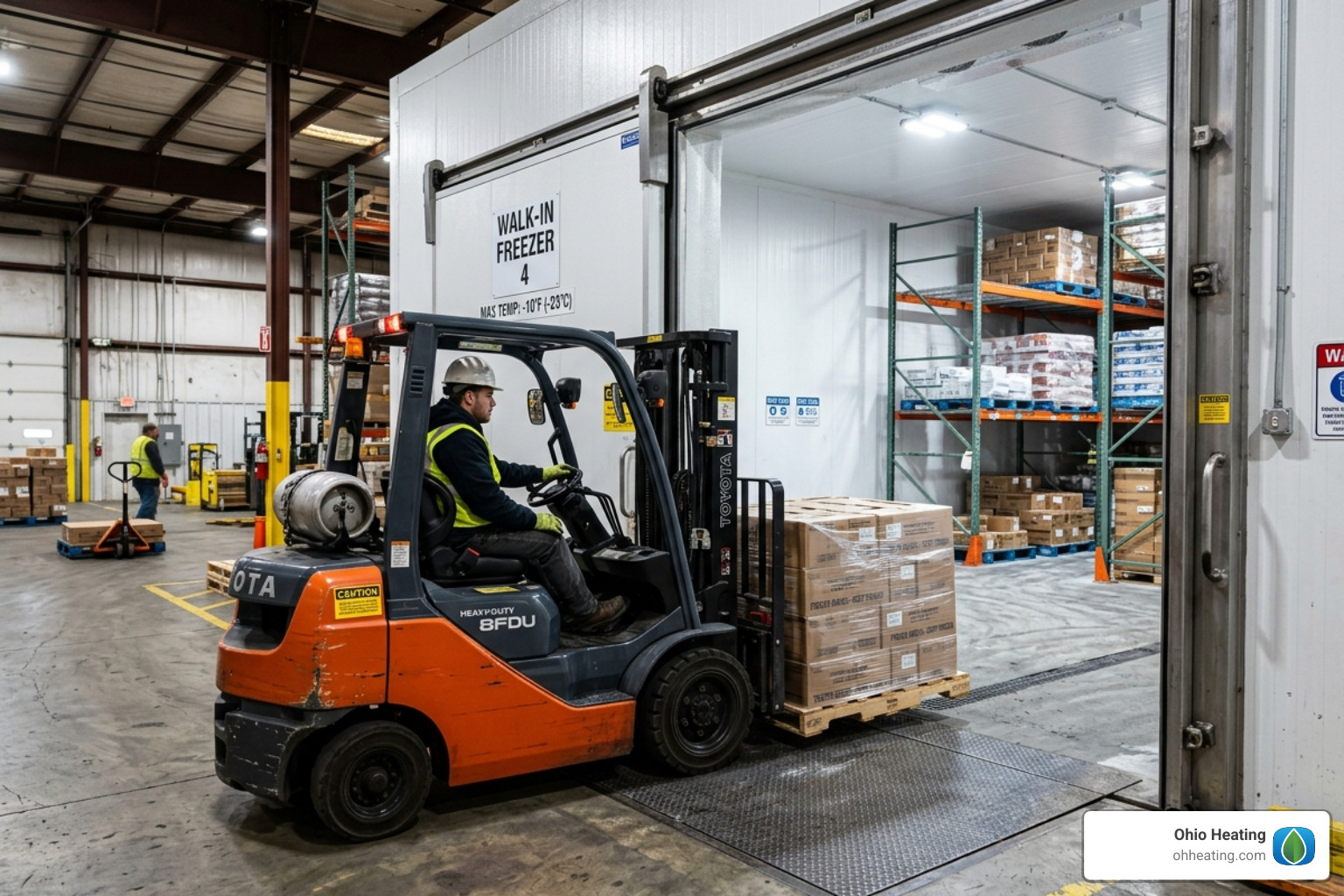 Heavy-duty forklift entering an industrial walk-in freezer through an oversized sliding door - industrial walk in freezer Heavy-duty forklift entering an industrial walk-in freezer through an oversized sliding door - industrial walk in freezer