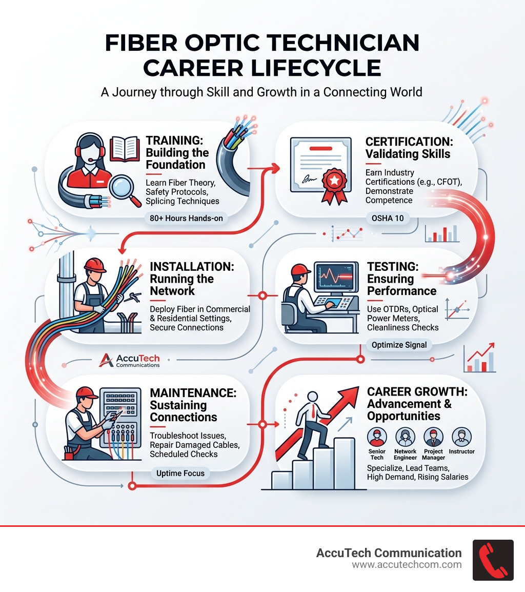 Fiber optic cable technician career lifecycle infographic: training, certification, installation, testing, maintenance