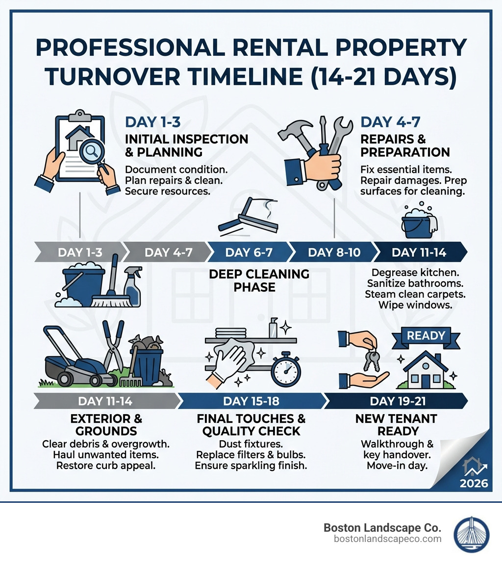 Infographic showing 14-21 day professional rental property turnover timeline with cleanup phases - Rental property cleanup