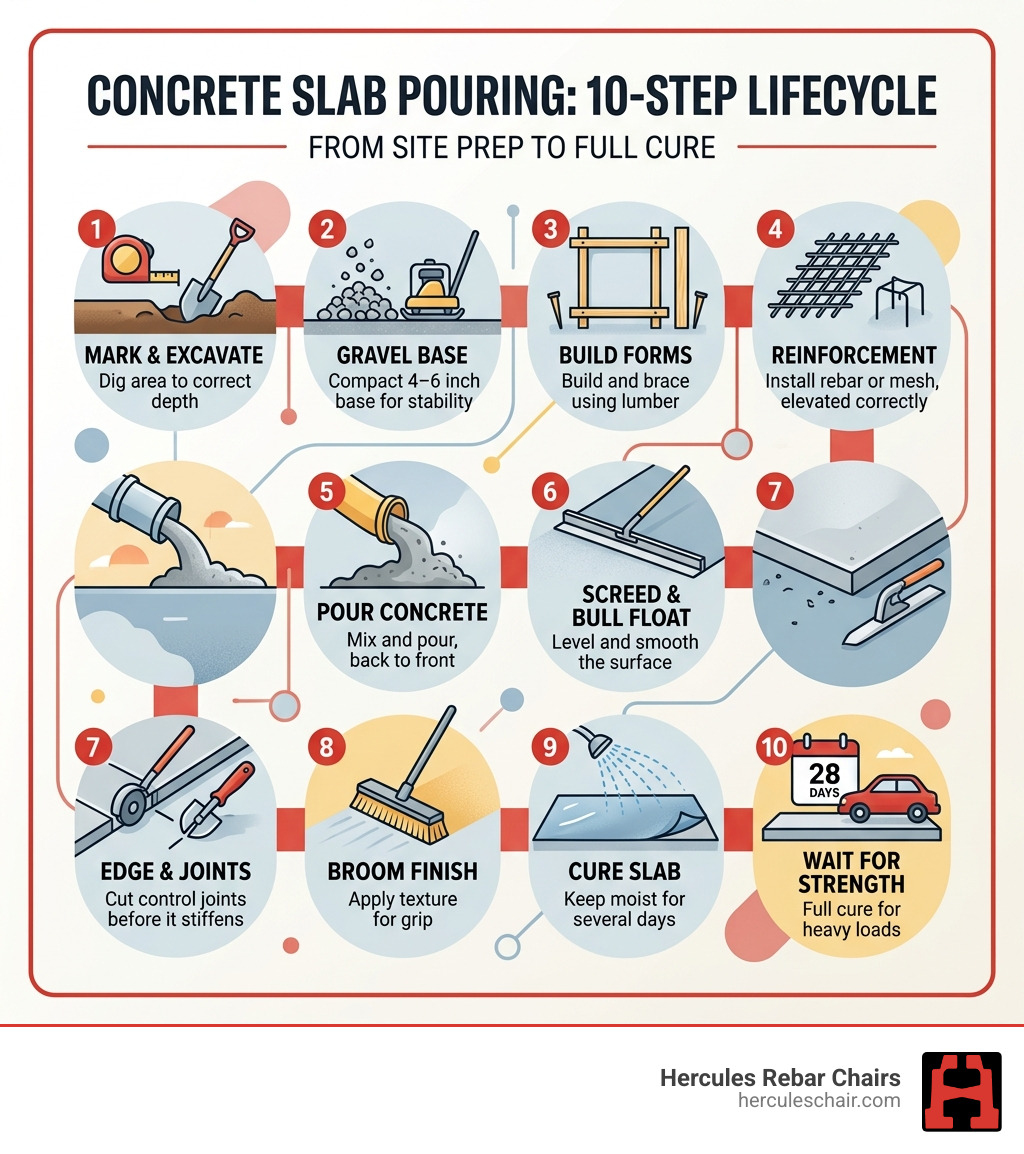 10-step concrete slab pouring lifecycle infographic from site prep to full cure - concrete slab pouring infographic 10-step concrete slab pouring lifecycle infographic from site prep to full cure - concrete slab pouring infographic