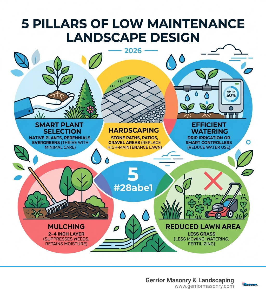 5 pillars of low maintenance landscape design: plants, hardscaping, irrigation, mulching, lawn reduction - low maintenance