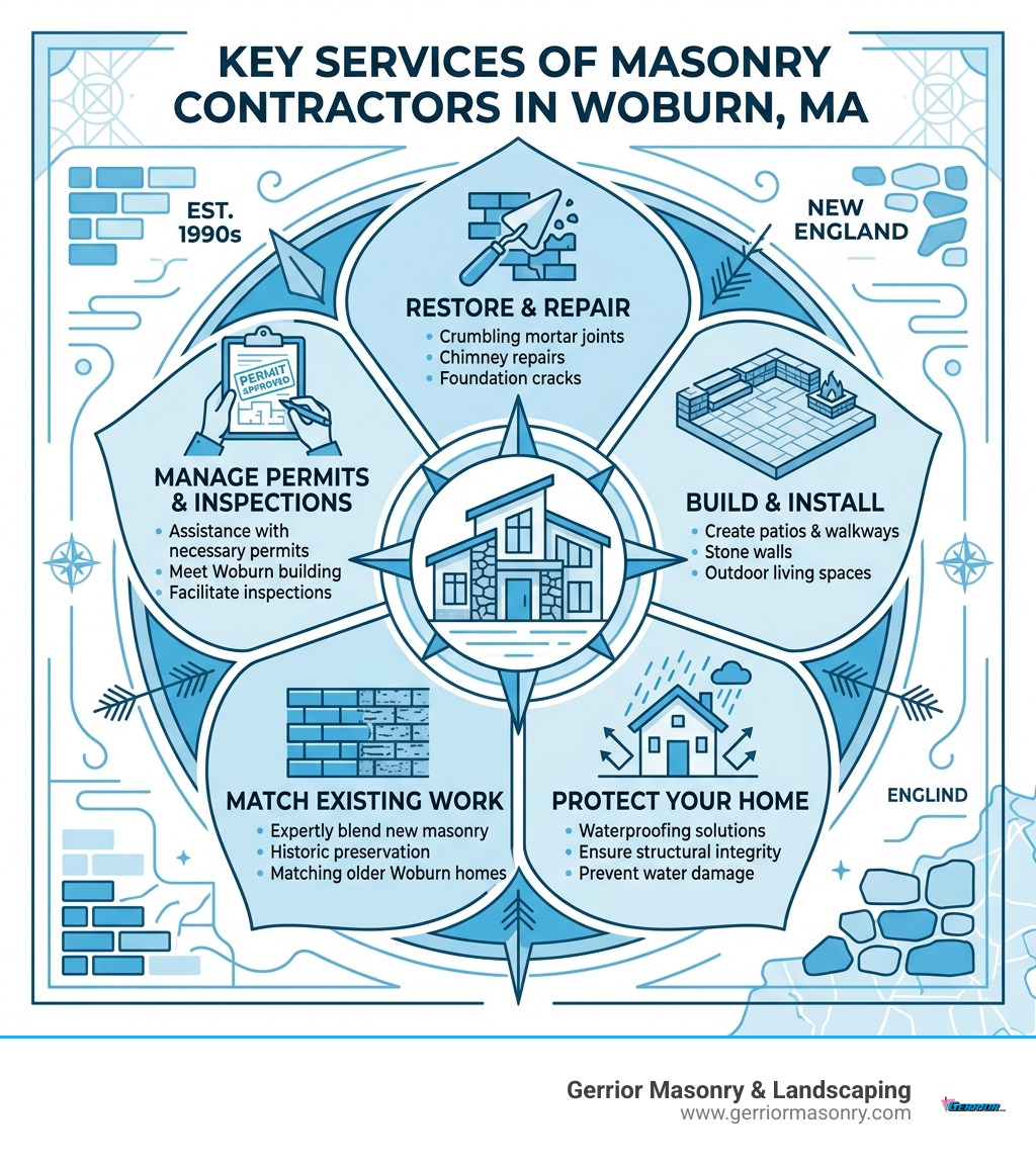 Key services provided by masonry contractors in Woburn, MA - Masonry Contractor Woburn MA infographic 