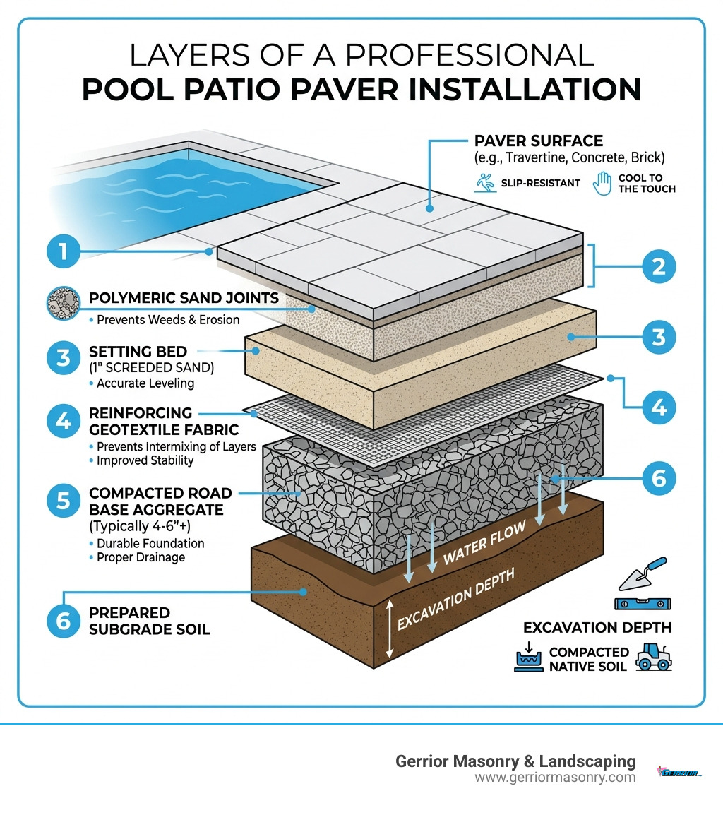 Infographic showing layers of a professional pool patio paver installation base to surface - Pool Patio Paver Installer