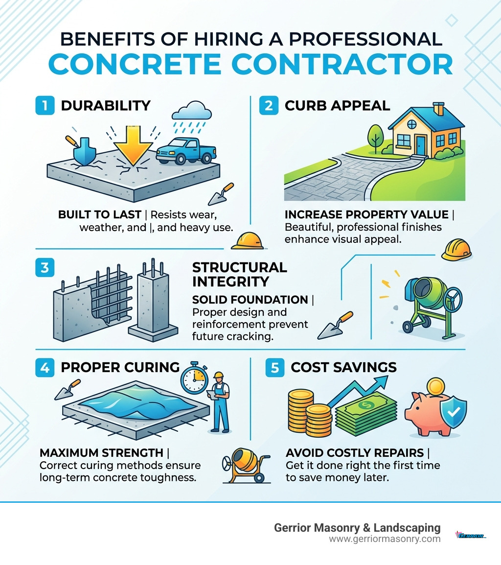 Infographic showing benefits of hiring a professional concrete contractor: durability, curb appeal, structural integrity Infographic showing benefits of hiring a professional concrete contractor: durability, curb appeal, structural integrity