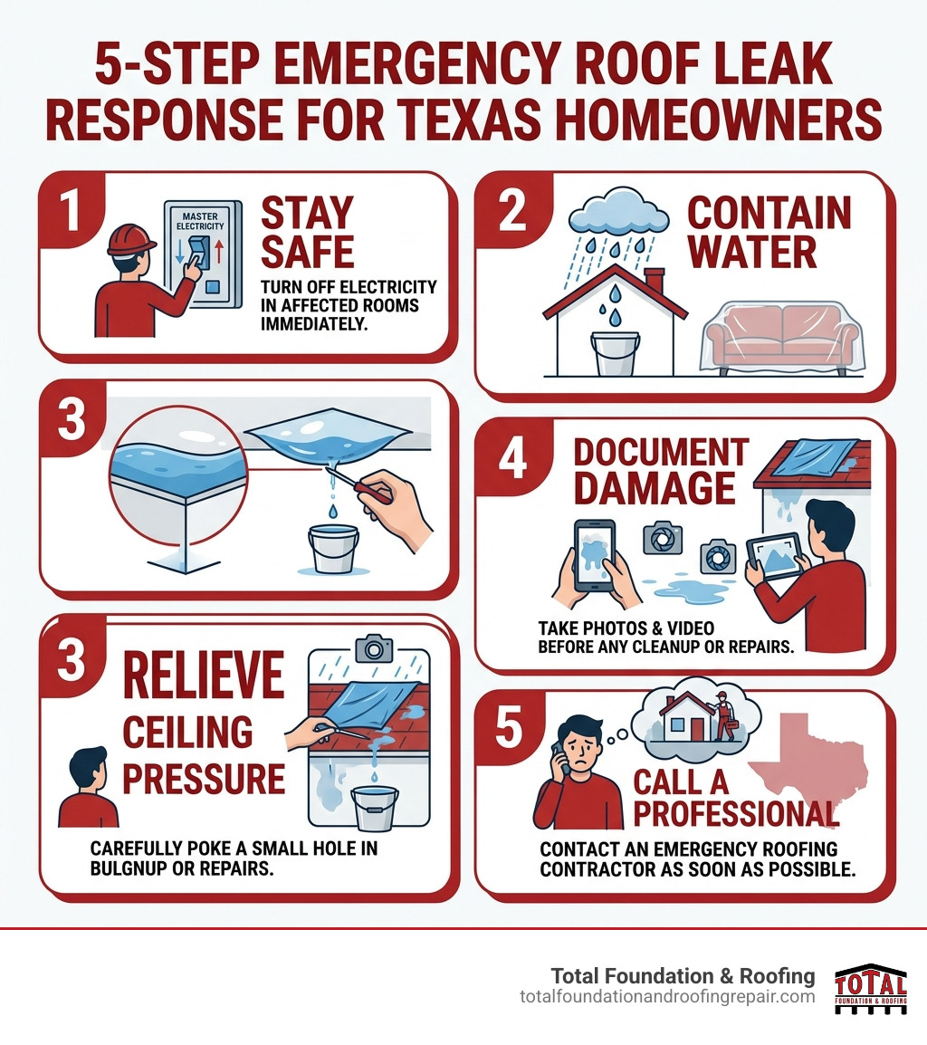 5-step emergency roof leak response infographic for Texas homeowners - Emergency roof leak repair infographic 