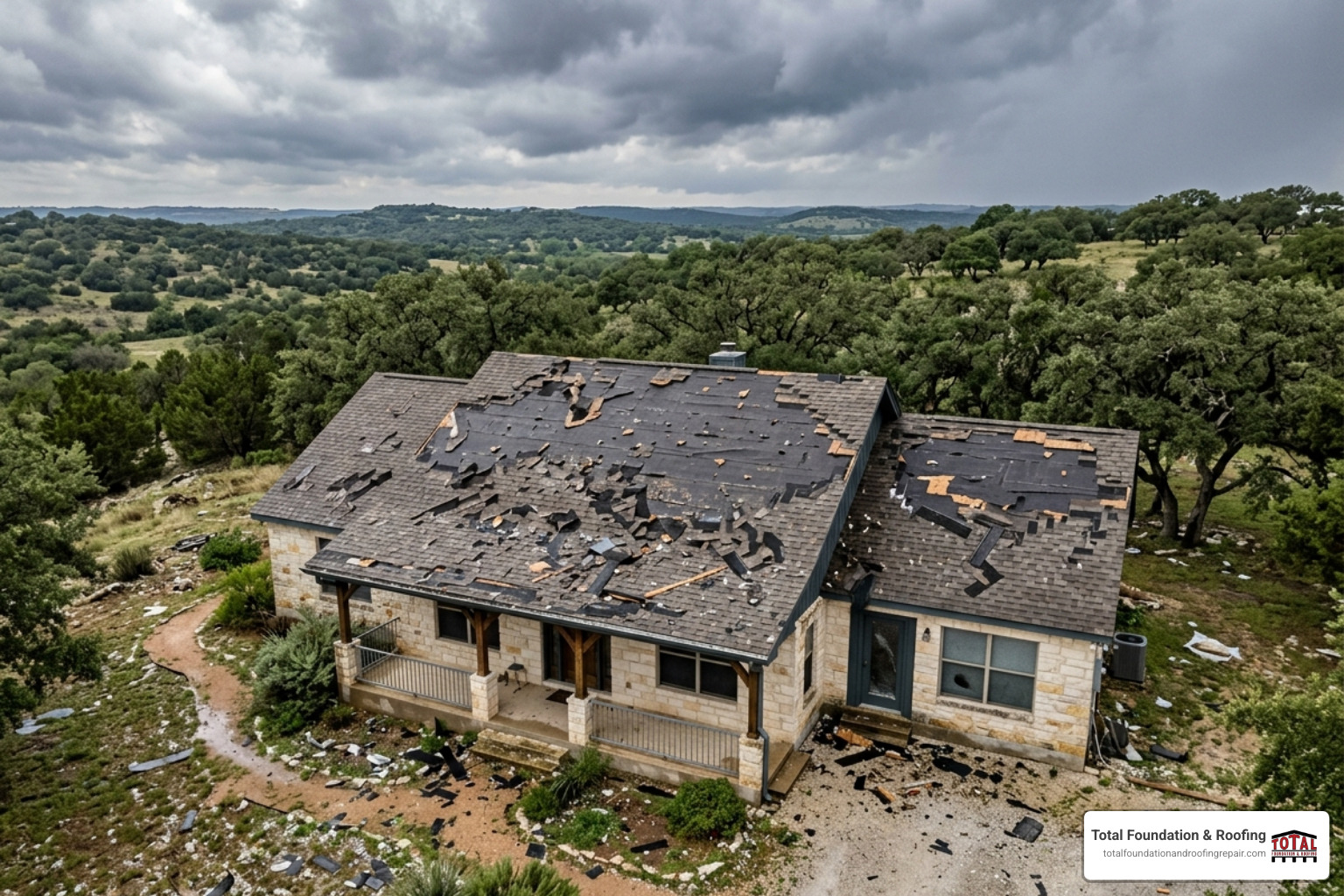 storm damaged roof with missing shingles in Texas Hill Country - Emergency roof leak repair