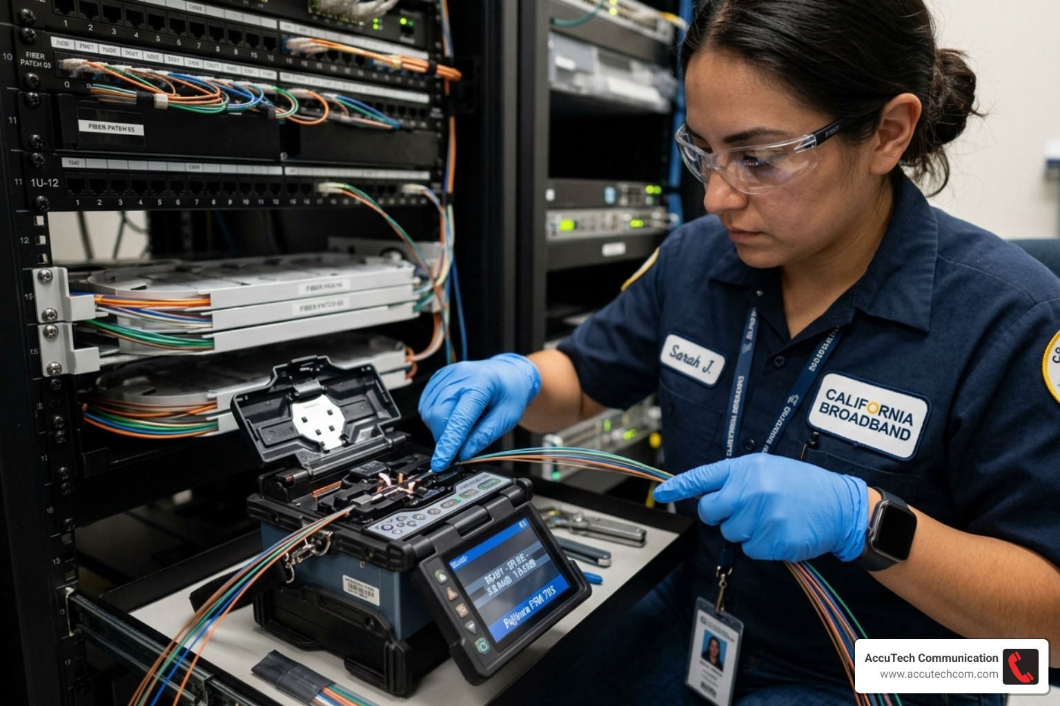 Technician performing a precision fusion splice on a multi-strand fiber optic cable - fiber optic cable technician