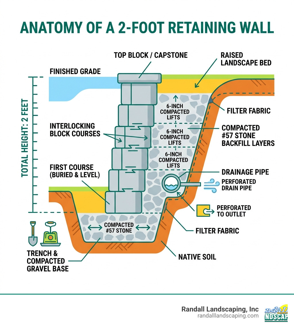 Anatomy of a 2-foot retaining wall showing trench, gravel base, block courses, drainage pipe, backfill layers - 2 ft