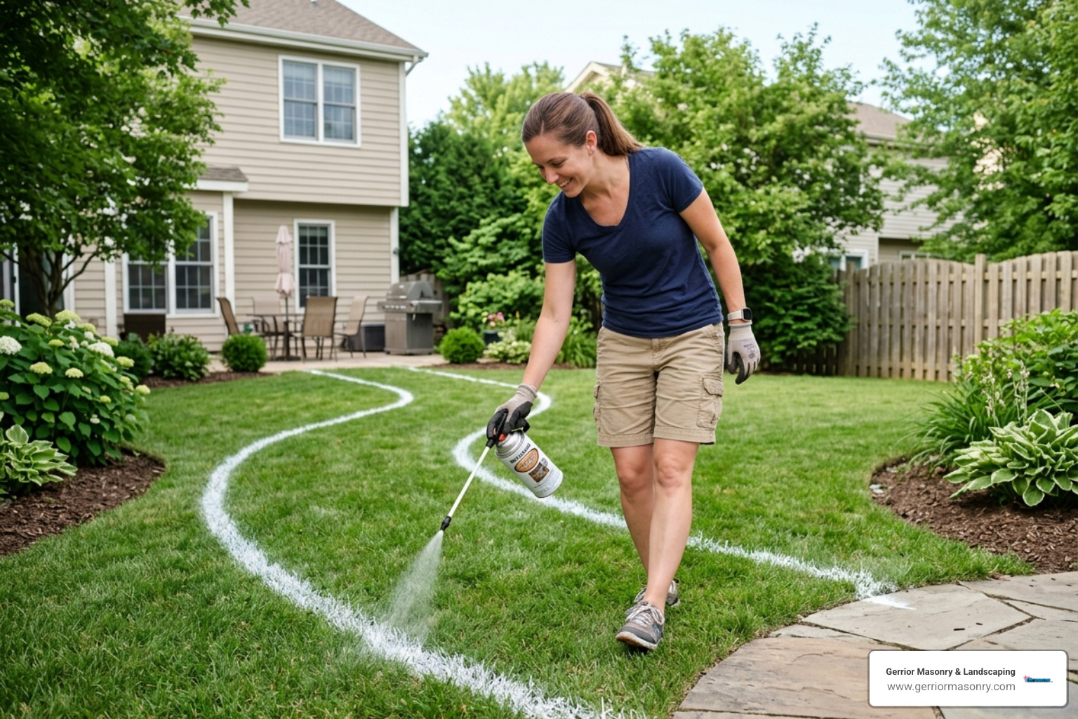 homeowner marking a walkway path with landscape paint - putting in a paver walkway
