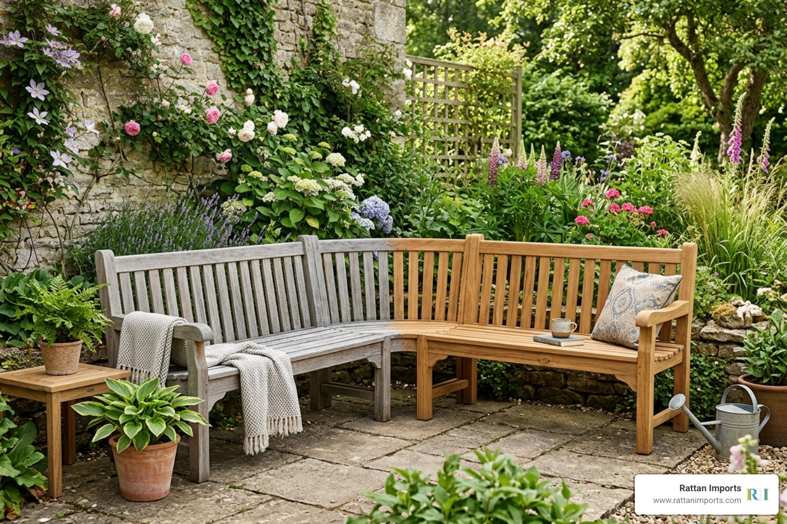 teak corner bench outdoor weathering from golden brown to a beautiful silvery grey patina over time - corner bench outdoor