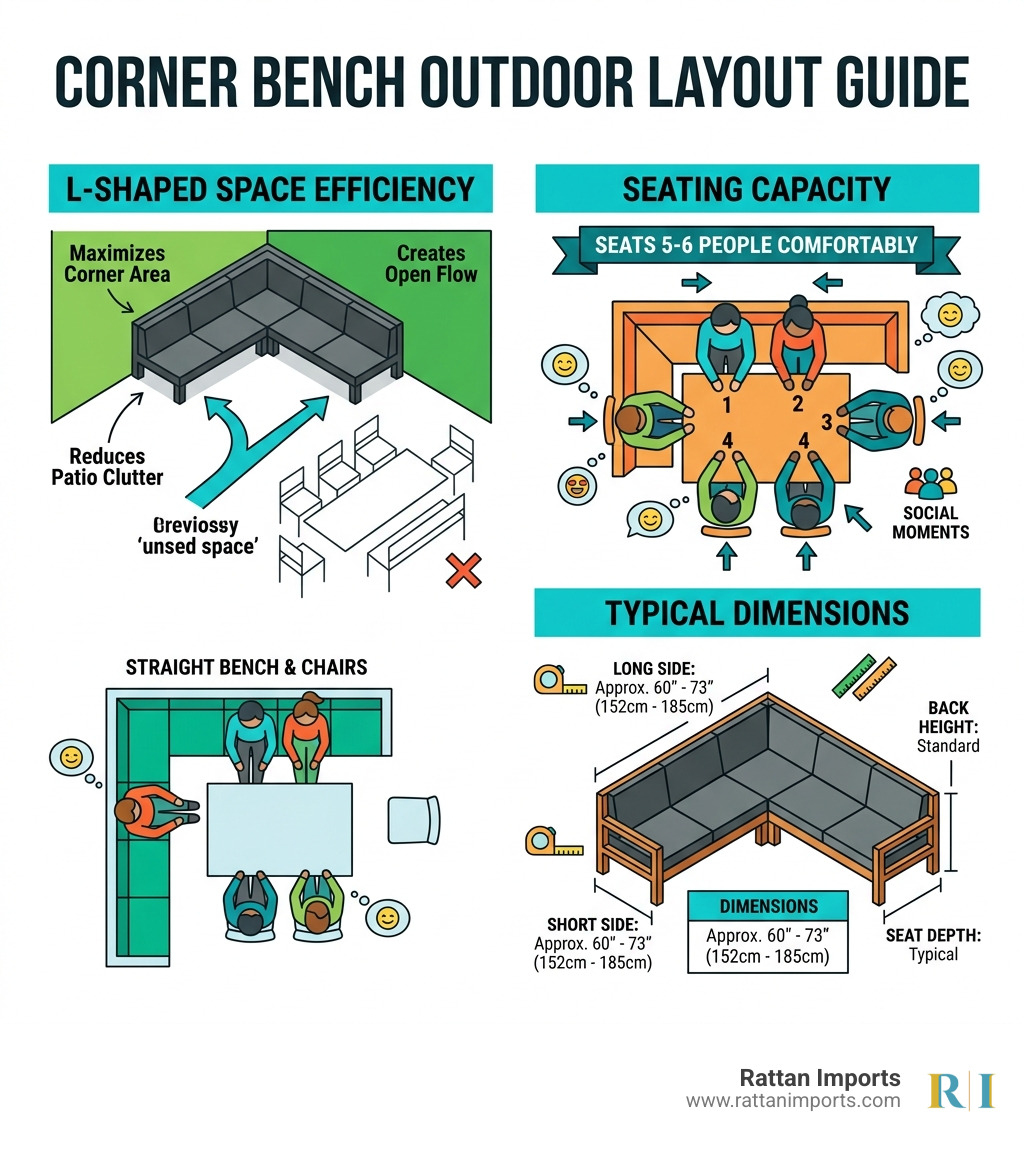 corner bench outdoor layout showing seating capacity, dimensions, and L-shaped space efficiency - corner bench outdoor